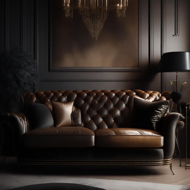 Luxurious Leather Sofa In a Sophisticated Living Room With Mood Lighting