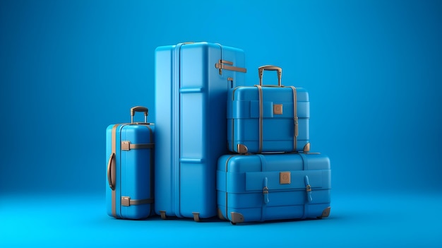 鮮やかな青い背景の豪華な革のスーツケースとパスポート