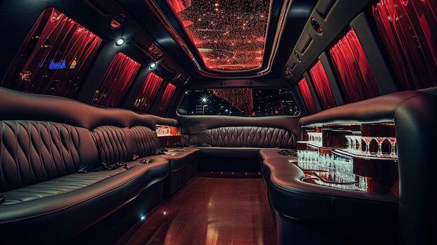 Luxurious Limousine Interior Plush Burgundy Seating Opulent Lighting