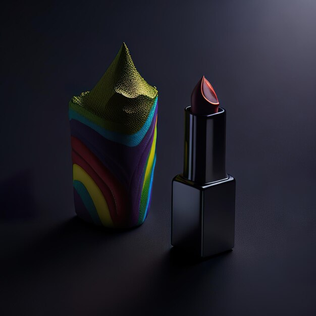 Luxurious lipstick with colored details on a dark background