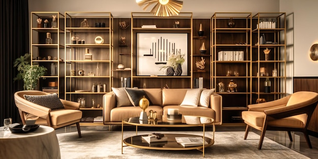 A luxurious living room featuring a statement bookshelf that exudes contemporary elegance style and functionality