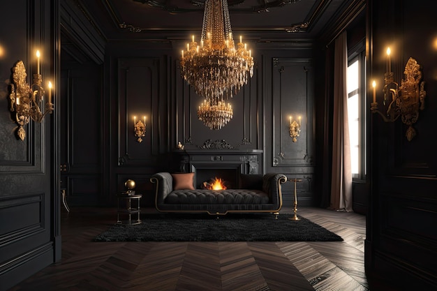 Luxurious living room with a comfortable couch and a stunning chandelier Generative AI