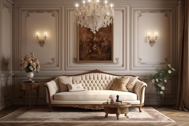 Luxurious living room with elegant furniture and a stunning chandelier Generative AI