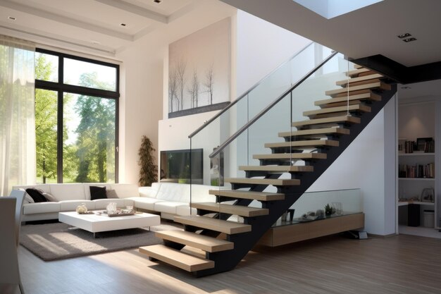 Luxurious living room with grand window and staircase