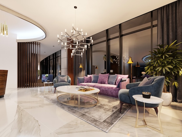 Luxurious lobby in a modern hotel with a comfortable sofa and designer armchairs. 3d rendering