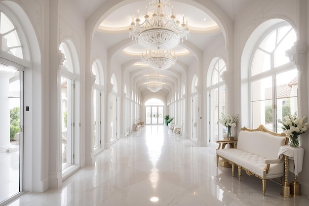 Luxurious long corridor with white staircase