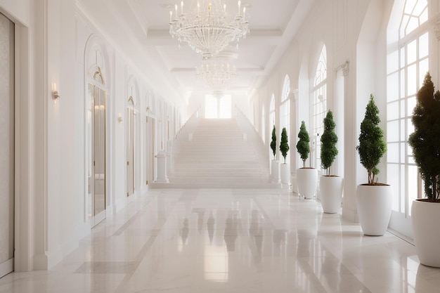 Luxurious long corridor with white staircase