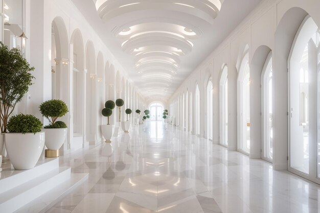 Luxurious long corridor with white staircase