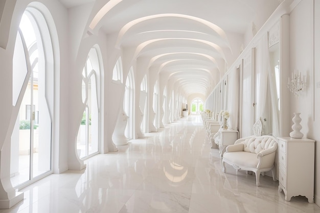 Luxurious long corridor with white staircase