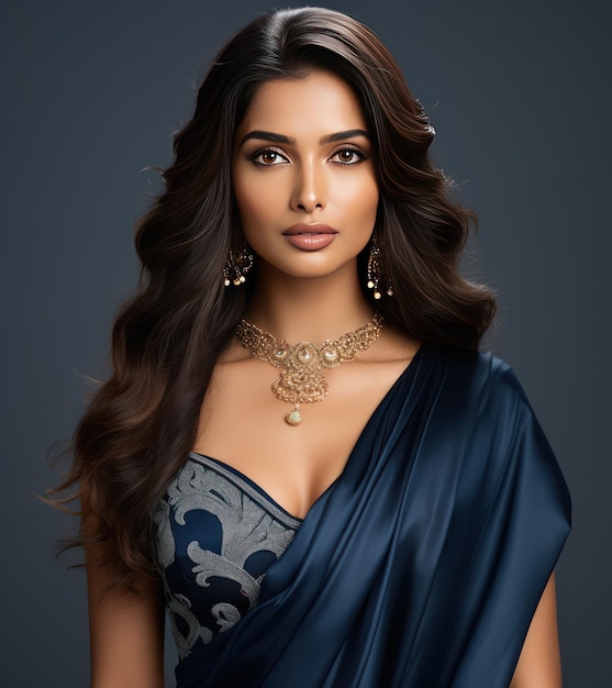 Luxurious look of Indian woman in midnight blue saree adorned with silver embroidery