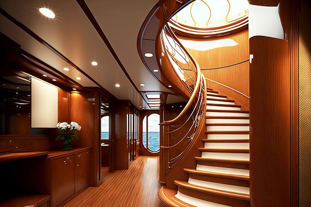 Luxurious lounge with wooden staircase and yacht Interior armchairs