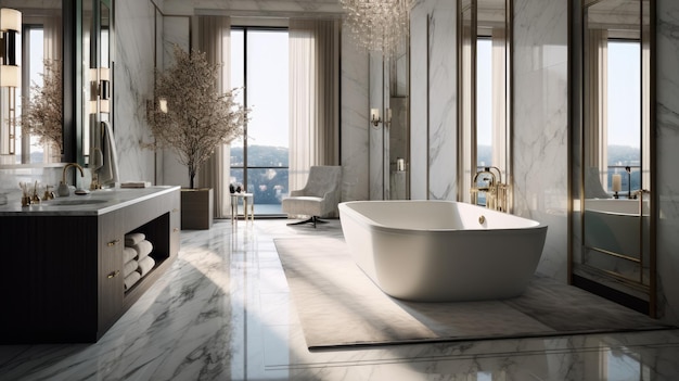 A luxurious marble bathroom empty with spotless surfaces AI generated illustration