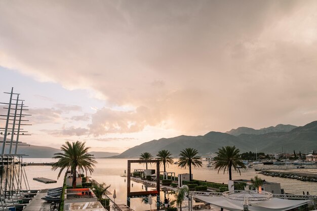 Роскошная гавань отеля "Регент" с яхтами, пальмами, бассейном и современными скульптурами.