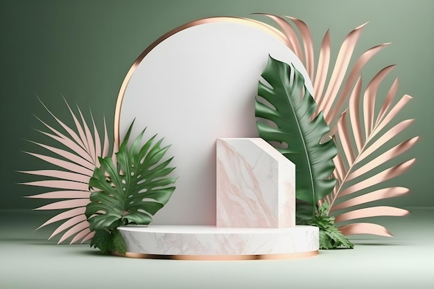 A luxurious mate white marble pink podium stage display mockup perfect for product presentation