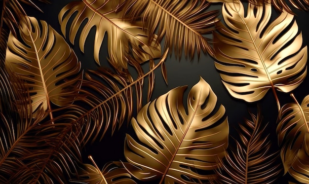 Luxurious metallic golden tropical leaves background