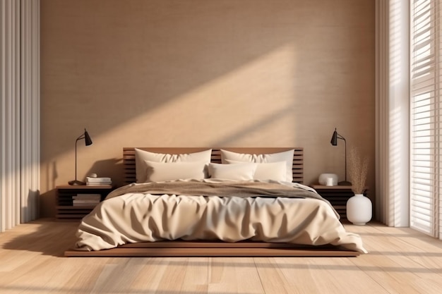 Luxurious Minimal Bedroom with Wood Bedside Table Leather Headboard and Gold Lamp Ai Generated