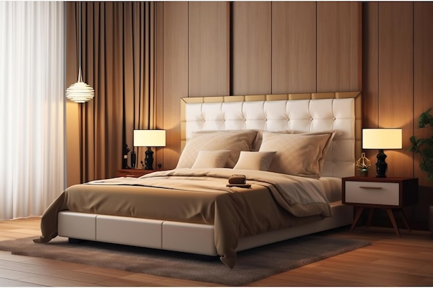 木製ベッドサイド テーブル レザー ヘッドボードとゴールド ランプを備えた豪華なミニマル ベッドルーム Ai Generated