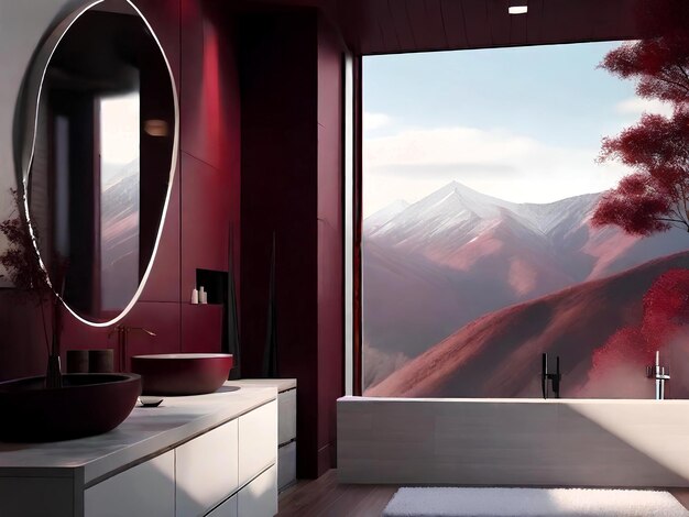 Роскошная минималистская бургундская ванная комната для дизайна дома в горах и в сельской местности