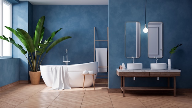 Photo luxurious modern bathroom interior design,white bathtub on grunge dark blue wall,3d render