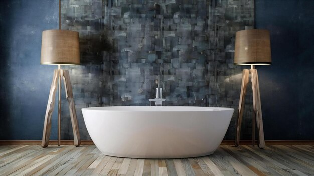 Photo luxurious modern bathroom interior designwhite bathtub on grunge dark blue wall3d render