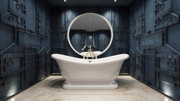 Photo luxurious modern bathroom interior designwhite bathtub on grunge dark blue wall3d render