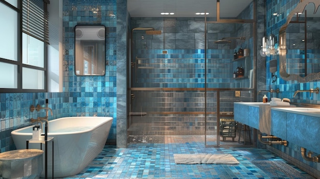 Фото Роскошный современный интерьер ванной с элегантными голубыми мозаичными плитками