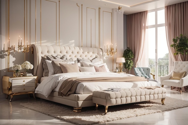 Photo luxurious modern bedroom with comfortable bedding and elegant decor