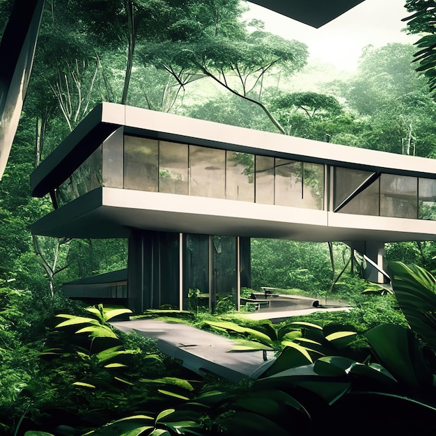 Foto casa moderna di lusso nella foresta di giorno ai generativa