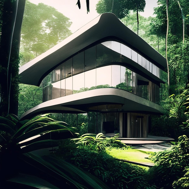 Luxurious modern house in the forest by day Generative AI