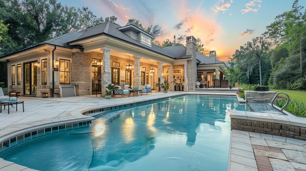 Photo a luxurious modern house with a pool the house has a beautiful brick exterior and a large front porch