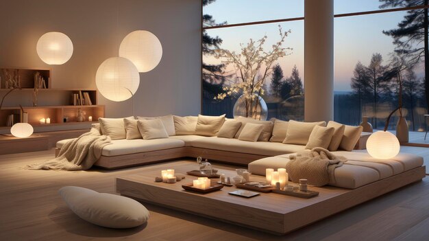 Luxurious modern living room at dusk with nature view