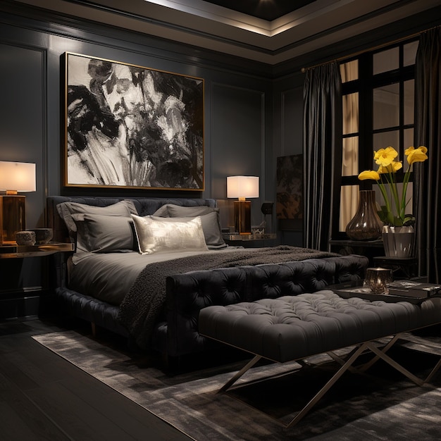 luxurious modern living room interior dark theme