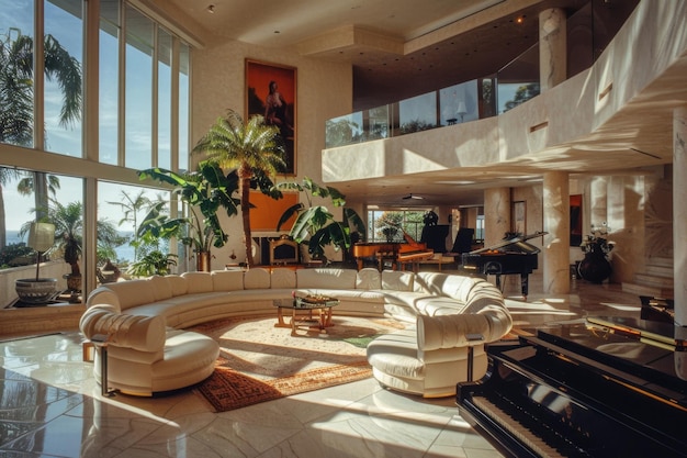 Luxurious Modern Living Room with Grand Piano and Tropical Plants
