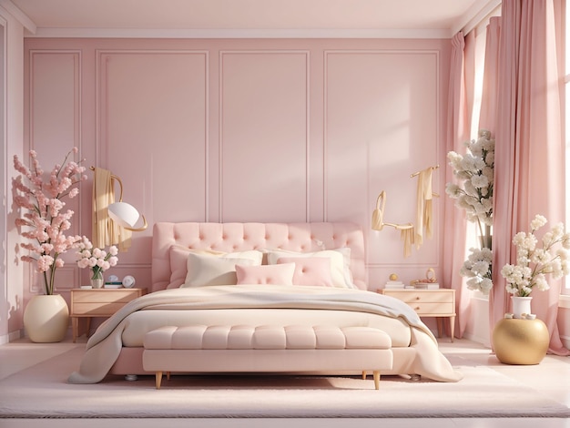 Роскошная современная спальня в светлых цветах в пастельных цветах 3d рендеринг