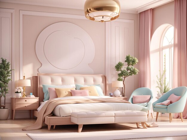 Luxurious modern master bedroom in light colors in pastel colors 3d rendering