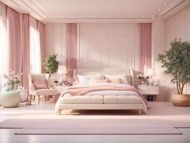 Luxurious modern master bedroom in light colors in pastel colors 3d rendering