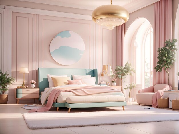 Luxurious modern master bedroom in light colors in pastel colors 3d rendering