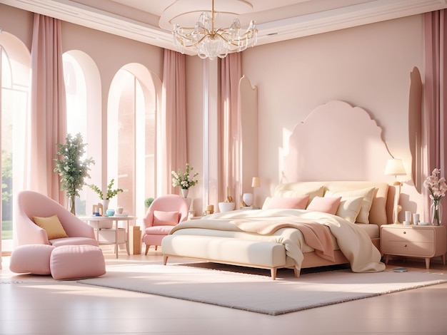 Роскошная современная спальня в светлых цветах в пастельных цветах 3d рендеринг
