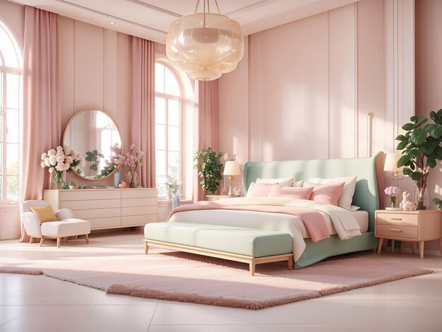 파스텔 색상 3d 렌더링의 밝은 색상으로 꾸며진 고급스럽고 현대적인 마스터 침실