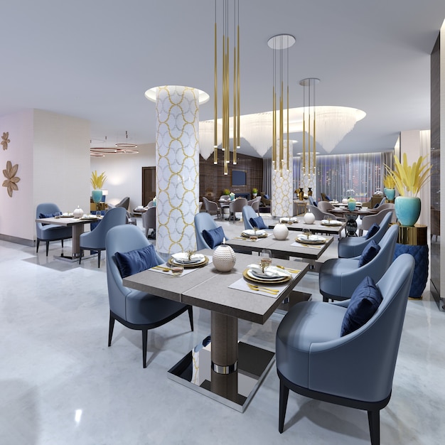 Luxurious modern restaurant in the evening lighting with blue and beige chairs and laid out tables. White columns in a mosaic tile. Gold plated pendant lights. 3d rendering.