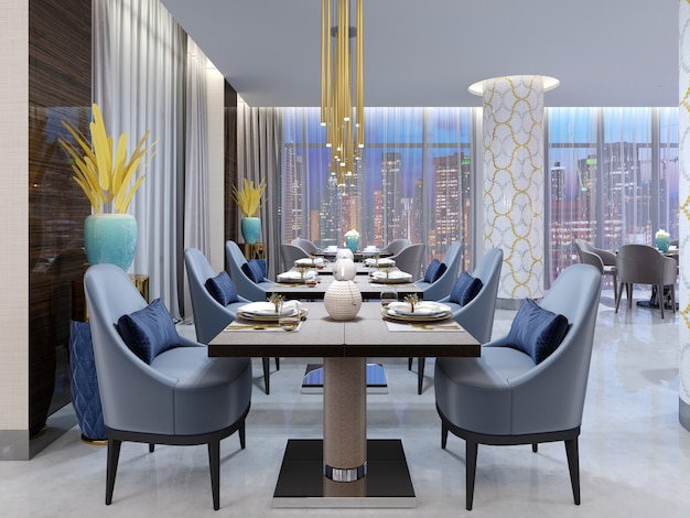 Luxurious modern restaurant in the evening lighting with blue and beige chairs and laid out tables. White columns in a mosaic tile. Gold plated pendant lights. 3d rendering.