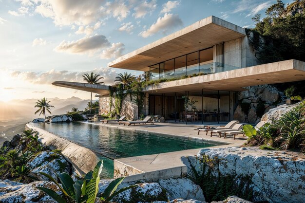 Foto una lussuosa villa moderna su una scogliera con piscine infinite con vista sull'oceano e sulle montagne