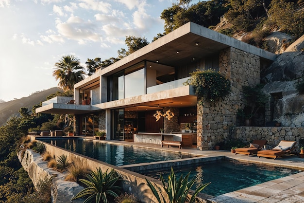 Foto una lussuosa villa moderna su una scogliera con piscine infinite con vista sull'oceano e sulle montagne