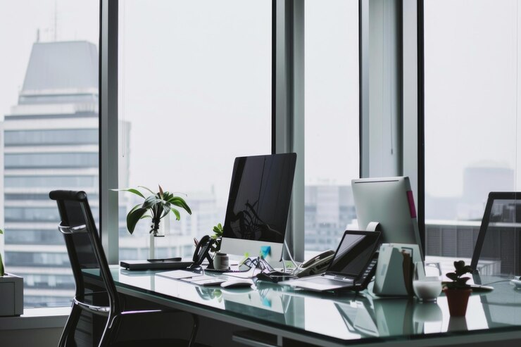 Photo luxurious modern work cabinet with a hightech feel black glass desk smart devices ergonomic