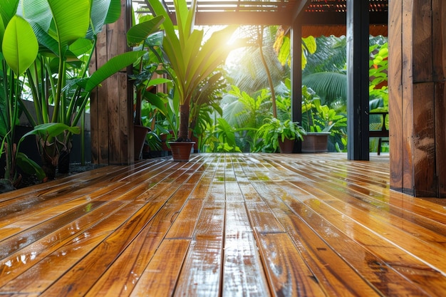 Photo luxurious morning oasis outdoor garden with teak wood deck and elegant black pergola