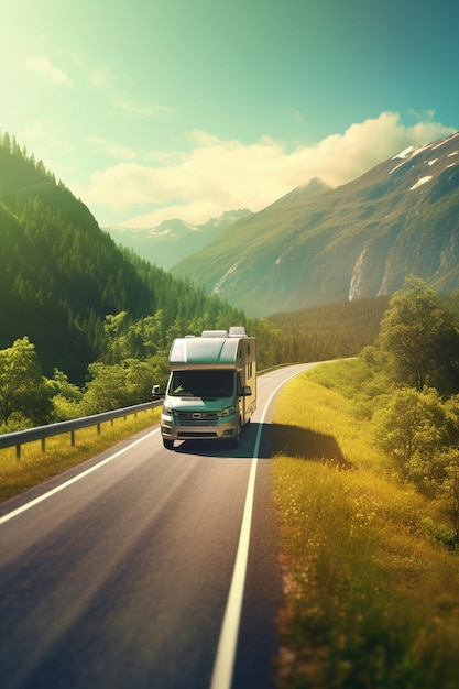 A luxurious motorhome driving along a mountain road with breathtaking views AI generated