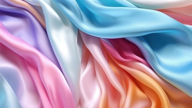 Luxurious multicolor gradient blue orange white pink silk satin fabric with graceful folds A perfect backdrop for designs Suitable for various occasions Web banner Copy space Generative AI