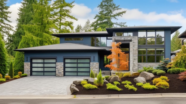 Luxurious new construction home in Bellevue WA Modern style home boasts two car garage framed by blue siding and natural stone wall trim