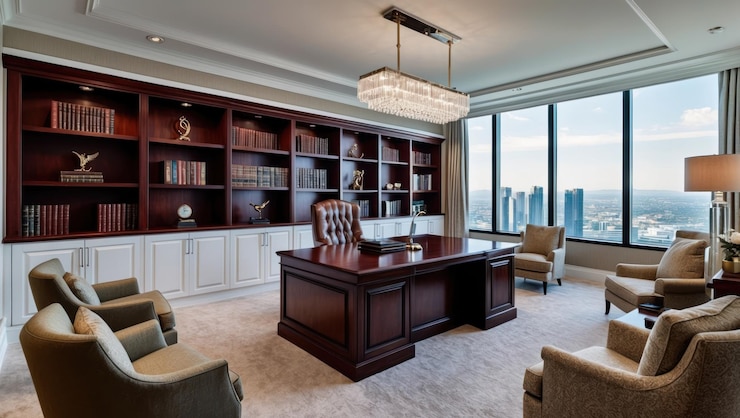Photo luxurious office space with city view and elegant decor