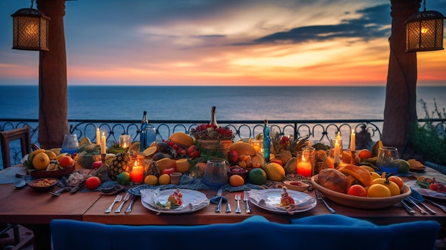 A luxurious outdoor dining experience featuring an enchanting ocean view and warm romantic lighting